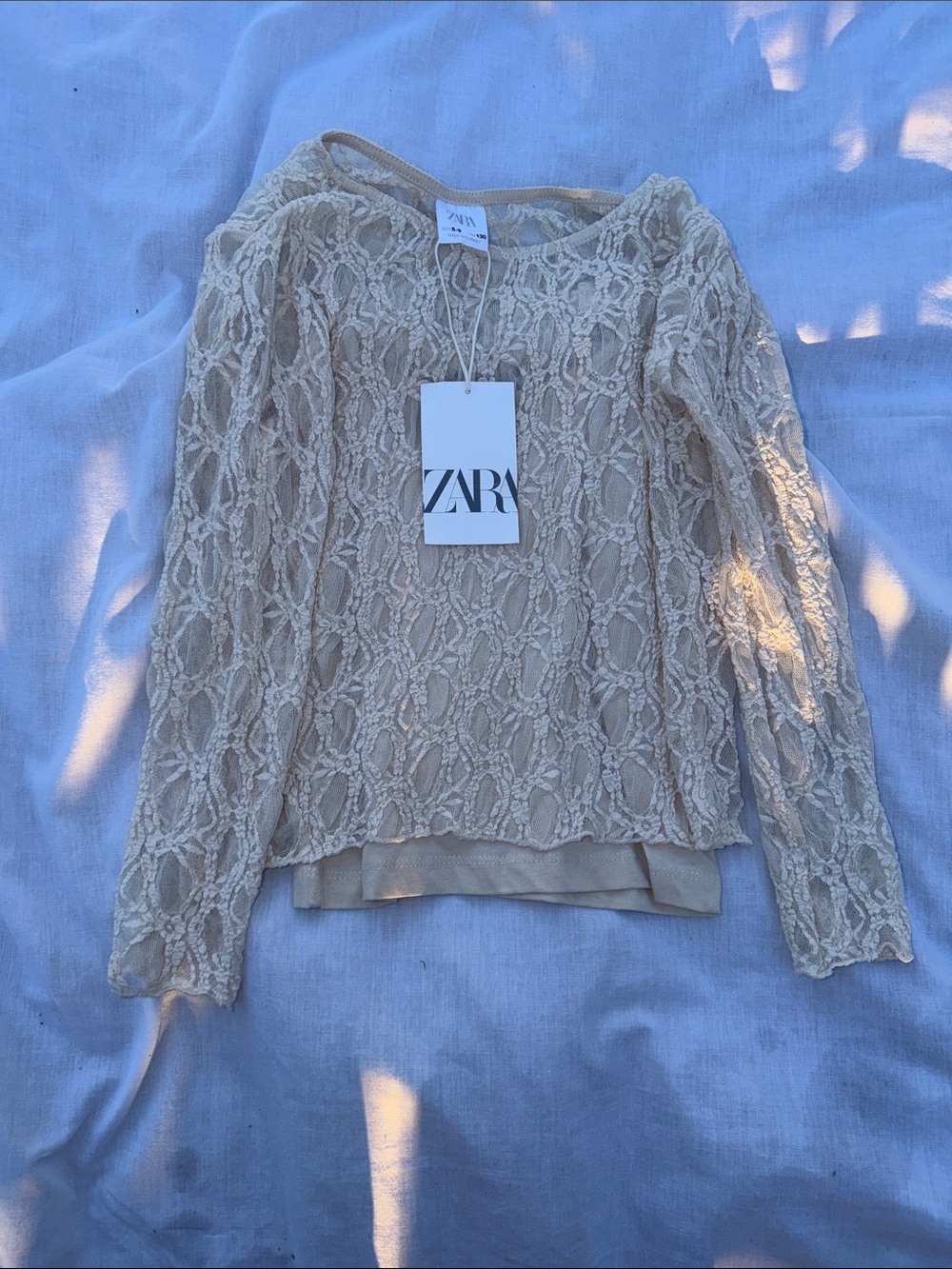 ZARA Beige Openwork Lace Long-Sleeve Layered Top